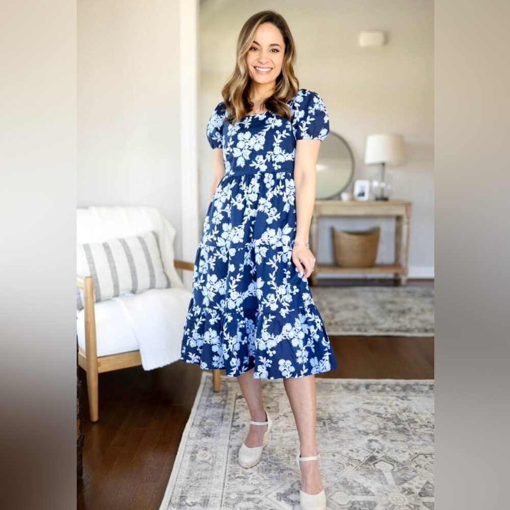J. Crew Tiered Poplin Cotton Puff Sleeve Floral Midi Dress Pockets Size 6